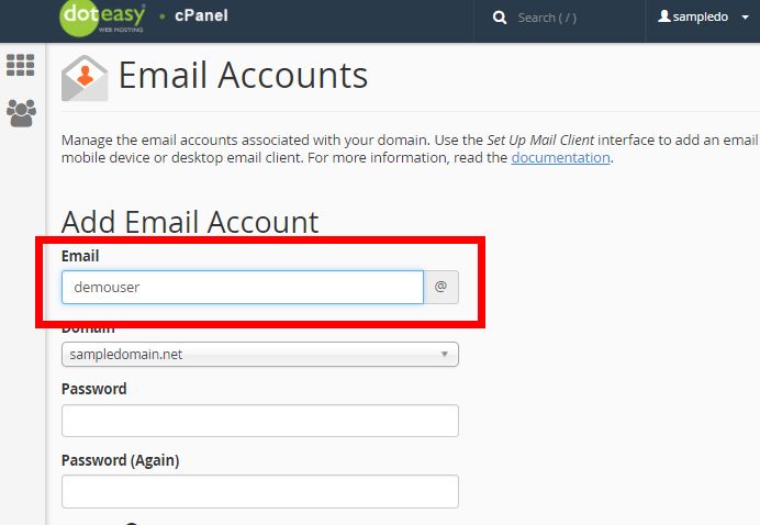 Doteasy cPanel add email account