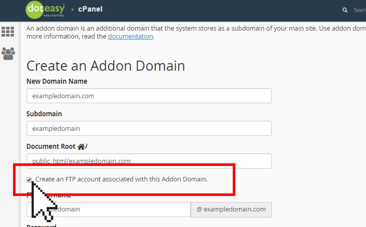 Doteasy cPanel create an FTP account with addon domain