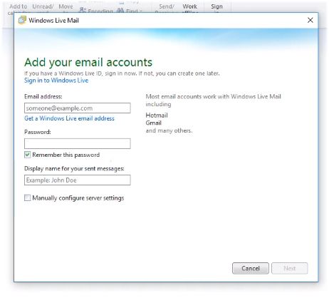 New Account Windows Live Mail