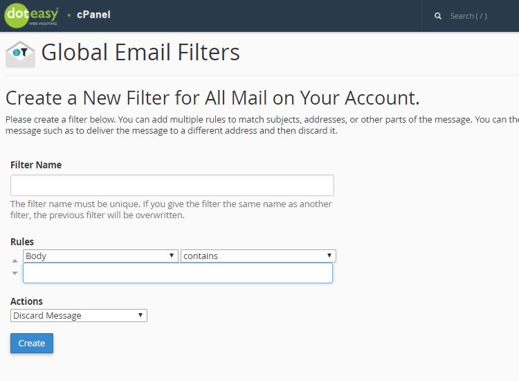 Doteasy cPanel global email filter