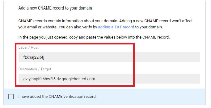 cname record specified by Google