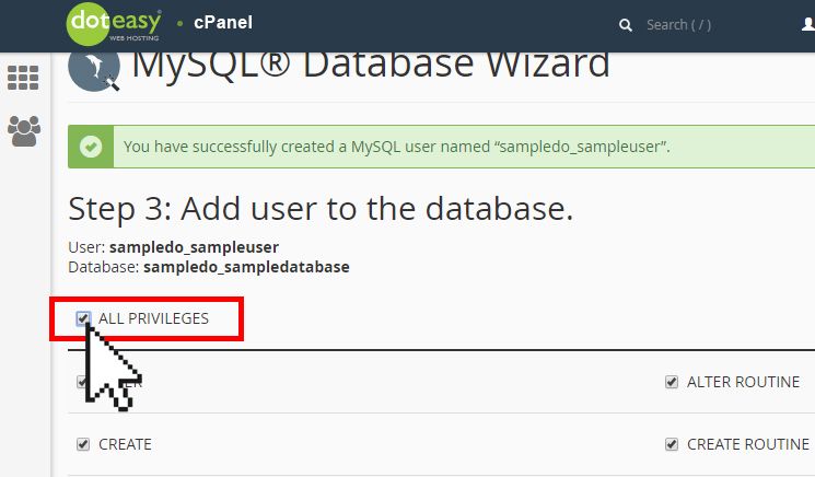 Doteasy cPanel MySQL database all privileges