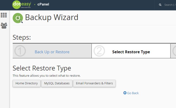 cPanel backup wizard restore type