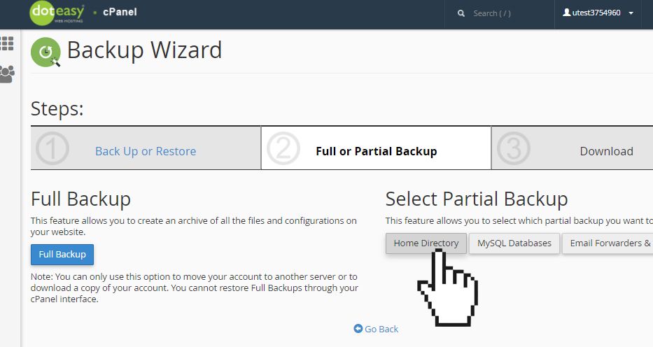 cPanel backup wizard home directory