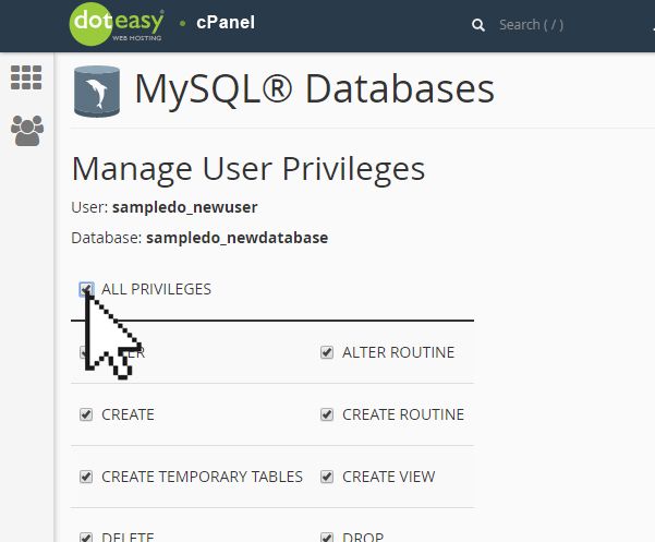 Doteasy cPanel user to database all privileges