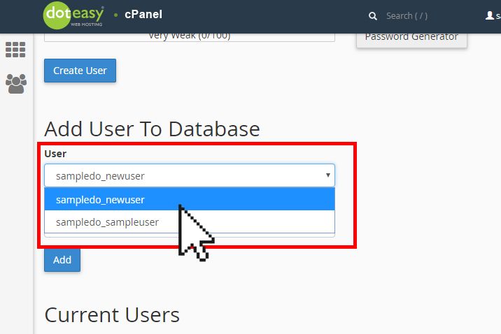 Doteasy cPanel adding user to database