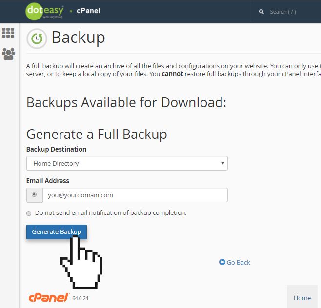 cPanel full backup generate copy
