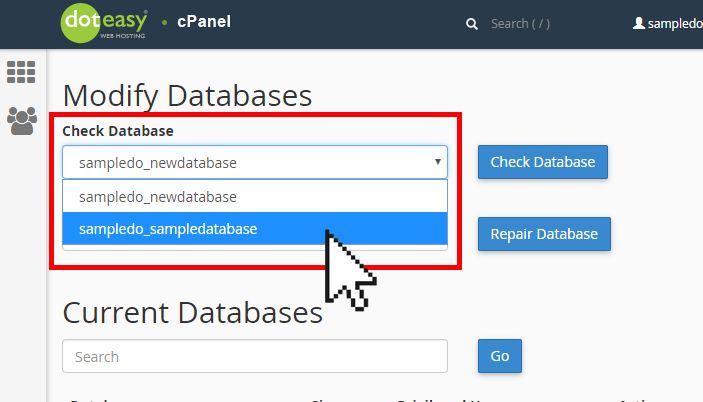 Doteasy cPanel MySQL database modify database