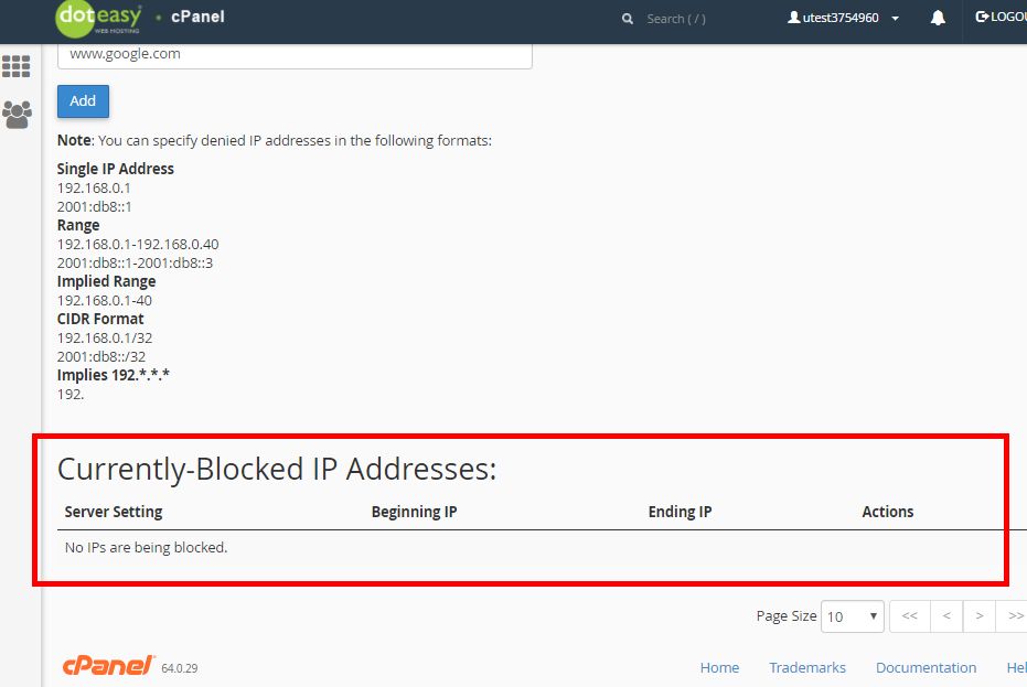 cPanel currently blocked ip address