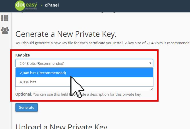 cPanel SSL private key size