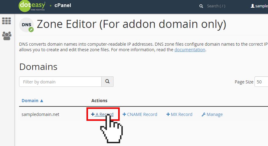 Doteasy cPanel add a record