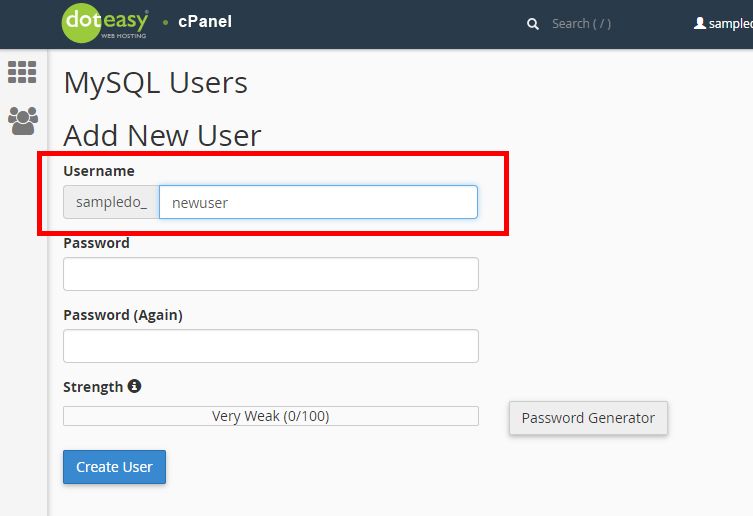 Doteasy cPanel MySQL adding user