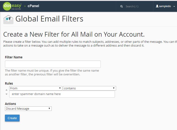 Doteasy cPanel global email filters
