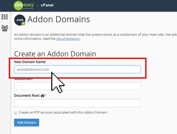 Doteasy cPanel create addon domain