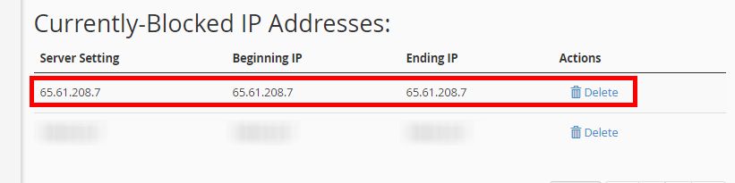 cPanel IP blocker currently blocked IP address table