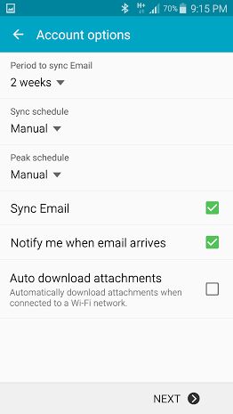 Android mail account options