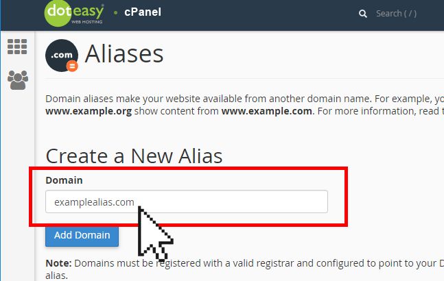 Doteasy cPanel create new domain alias