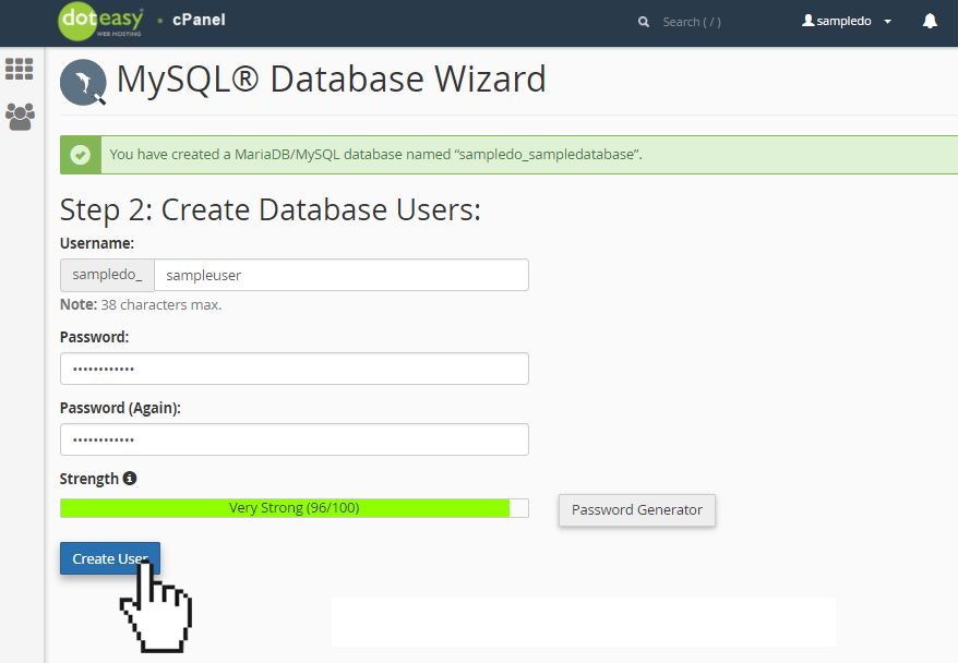 Doteasy cPanel MySQL database create user