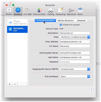 Mac Mail Account Info tab