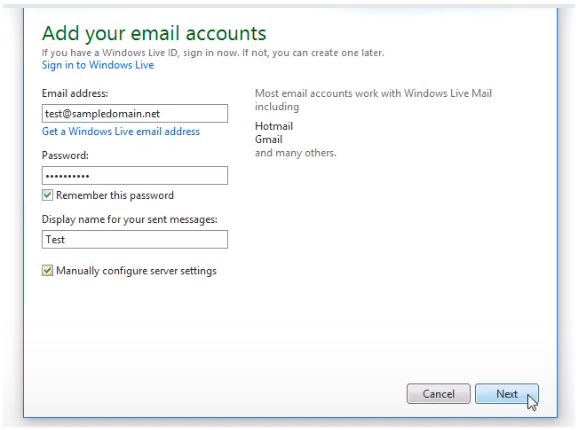 account settings Windows Live Mail