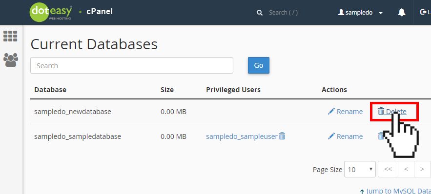 Doteasy cPanel MySQL database delete database