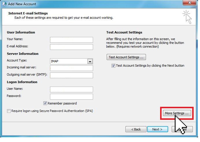 Outlook Internet email more settings