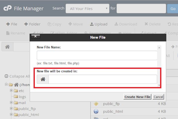 cPanel file manager new file will be created in