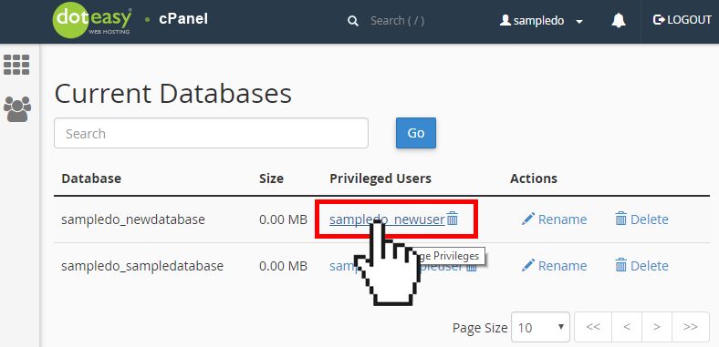 Doteasy cPanel MySQL database manage user privileges