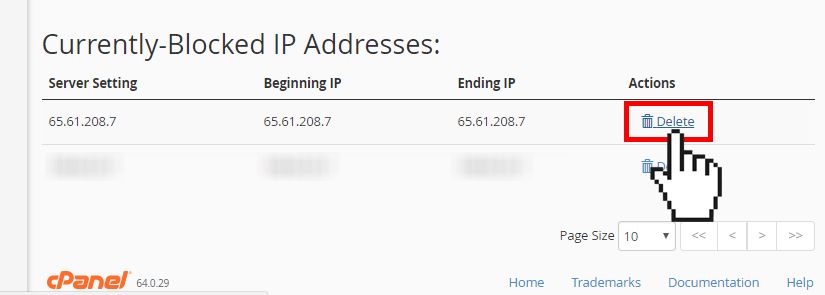 cPanel IP Blocker delete currently blocked IP address
