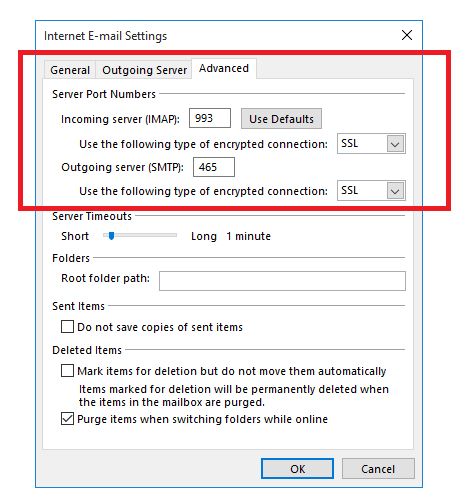 Outlook server ports