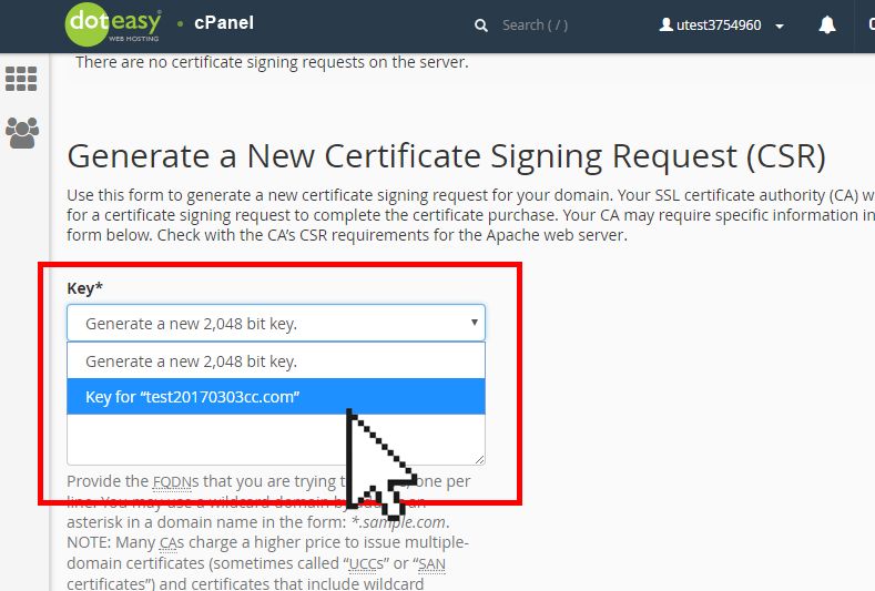 cPanel SSL generate a new certificate signing request