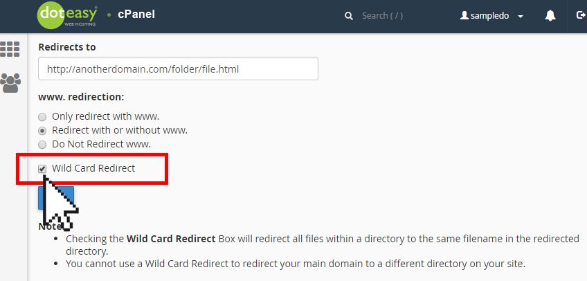 Doteasy cPanel domain redirect wildcard