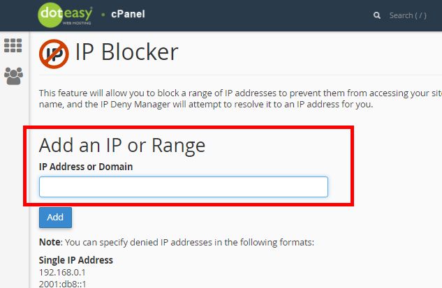 cPanel entering IP range
