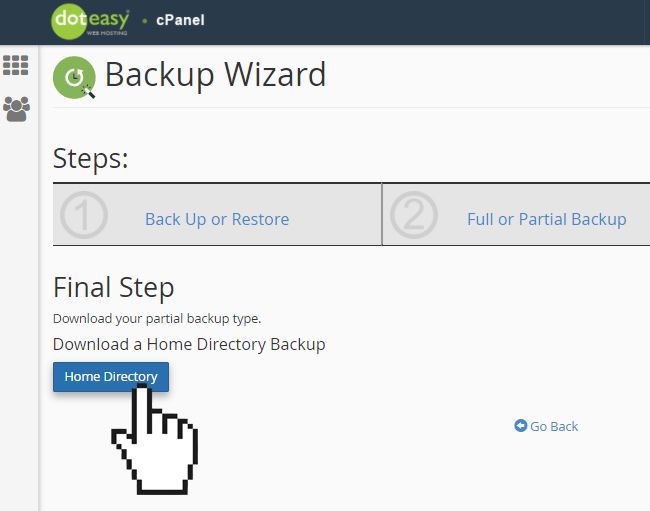 cPanel backup wizard home directory final step