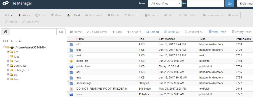 cPanel file manager interface