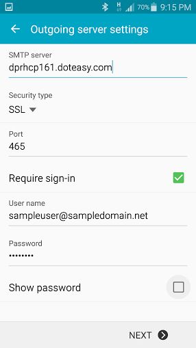Android mail outgoing mail server settings