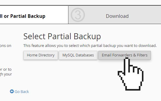 cPanel backup wizard email forwarder and filter